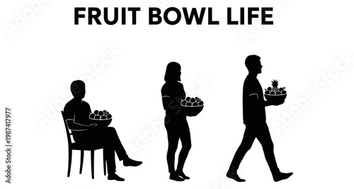 Silhouettes of people holding fruit bowls in various poses on white background