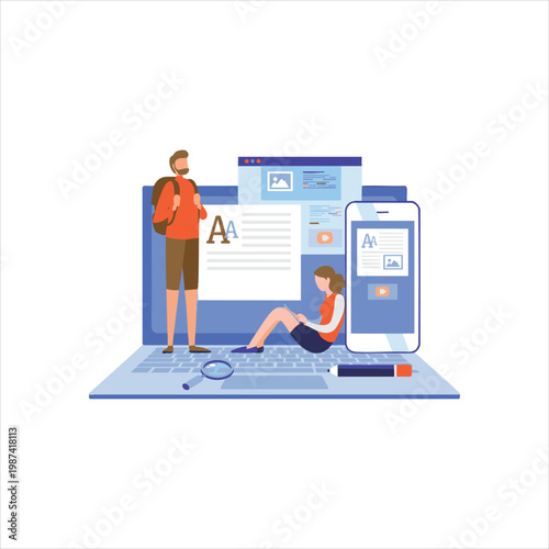 Digital learning concept with people interacting with screens and devices on a laptop