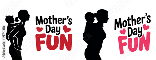 Mother's Day Fun typography with mother and child silhouette, black and pink family vector graphics, set of maternal love illustrations