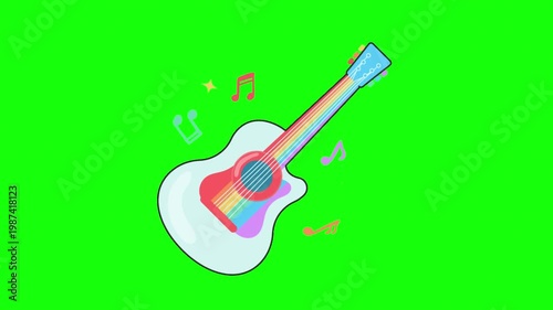 Animated Rainbow Acoustic Guitar Playing Music on Green Screen