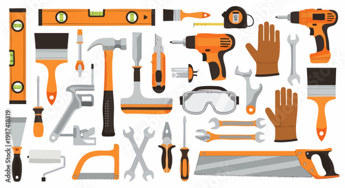 Professional construction hand tools set, orange and black hardware equipment collection, industrial repair and DIY home improvement vector icons