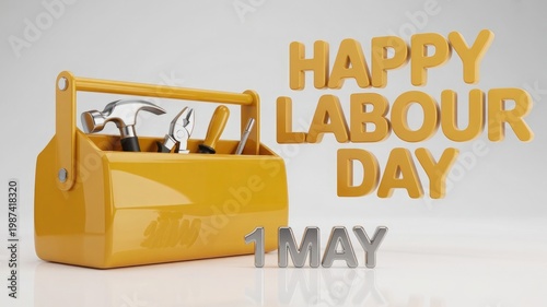 Happy Labour Day 1 May with yellow toolbox and construction tools. International Workers' Day celebration, dedication, and professional appreciation.