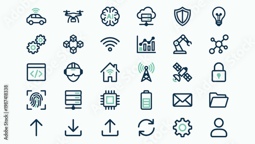 Diverse Collection of Technology, AI, Data, and Connectivity Line Icons