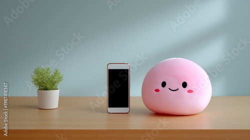 Cute pink squishy character with smartphone on table in minimal interior with plant playful gadget mockup and communication concept