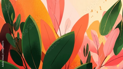 Vibrant, stylized foliage displays a dense tropical plant composition with warm color accents