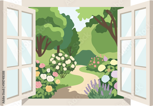 Open window framing a colorful blooming garden with flowers and trees in a soft flat vector style. Perfect for spring, home, and cozy lifestyle concepts.