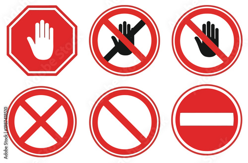 Collection of red and white prohibition and stop signs, representing warnings and restrictions for safety and order