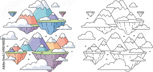 Cluster of Colorful Floating Mountains and Islands with Clouds