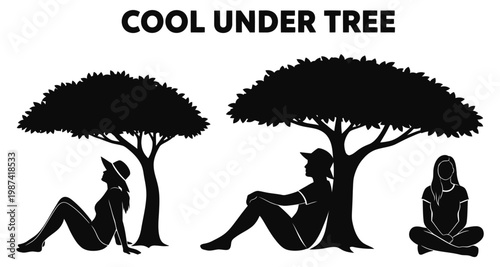Silhouettes of people resting in the shade of trees during a sunny day