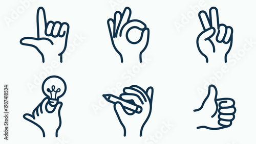 Set of Hand Gesture Line Icons for Communication and User Interface Design
