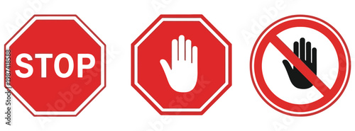 Collection of three red octagonal prohibition signs a stop sign and two signs with a white hand symbol on a red background, indicating stop or do not enter, common traffic and warning symbols