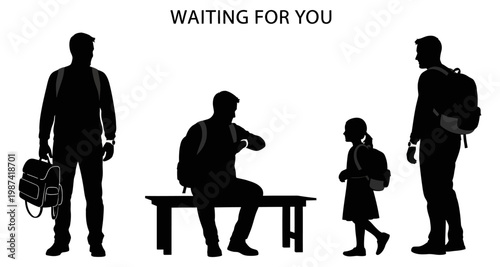 Silhouettes of people with backpacks waiting during a journey