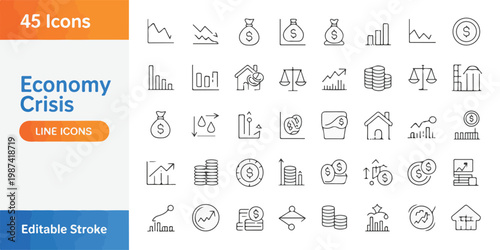 Set of 45 Line Icons Illustrating Economic Crisis Concepts with Editable Stroke for Digital and Print Applications