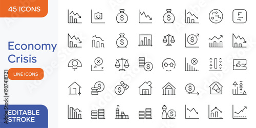A comprehensive set of editable line icons representing the global economy and financial crisis, perfect for business and finance presentations