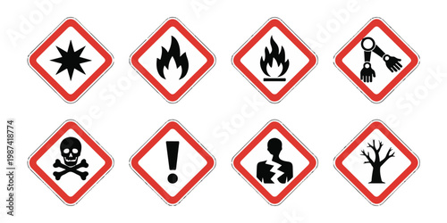 Set of eight hazard warning symbols, including skull and crossbones, flame, exclamation mark, and exploding bomb