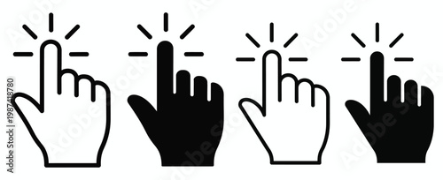 Dynamic collection of hand cursor click and tap icons for web and app user interface design, representing interaction and selection with a modern highlight