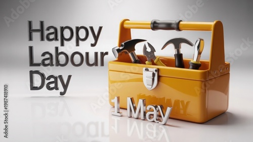 Happy Labour Day 1 May Celebration with Tools and Yellow Toolbox. A 3D illustration recognizing workers, employment, and the spirit of industry.