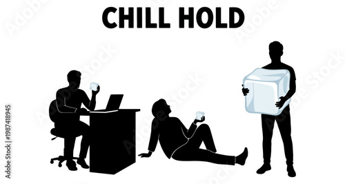 Silhouettes relax with ice cubes and large block against white background