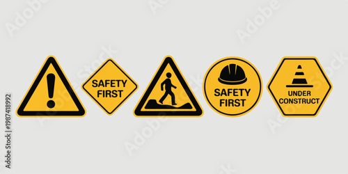 A collection of five distinct safety warning signs, each designed with yellow and black colors for maximum visibility and clear communication of potential hazards