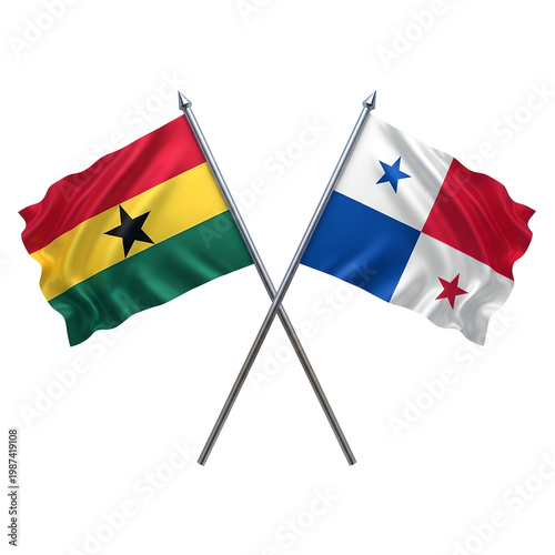 Two national flags ghana and panama crossed and waving on poles against a clean white background