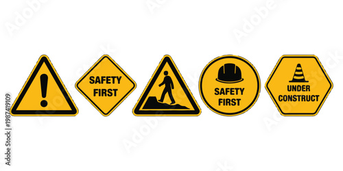 Collection of warning and safety signs, including construction, pedestrian safety, and general alerts