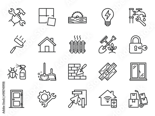 Set of hand drawn home improvement and maintenance icons for house repair and renovation services with improvement maintenance renovation construction plumbing electrical illustration lightbulb