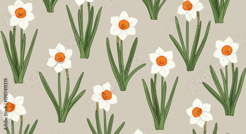 Vintage daffodil floral seamless pattern vector, elegant spring narcissus flowers with green leaves, botanical wallpaper background for textile design