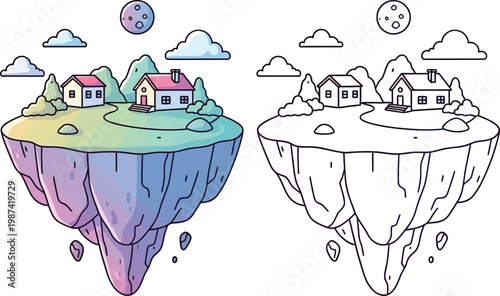 Whimsical Floating Island with Houses Trees and Moon in the Sky