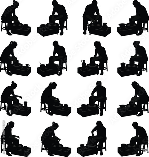 Silhouettes of Potters Shaping Clay on Pottery Wheel in Various Artistic Craft Poses