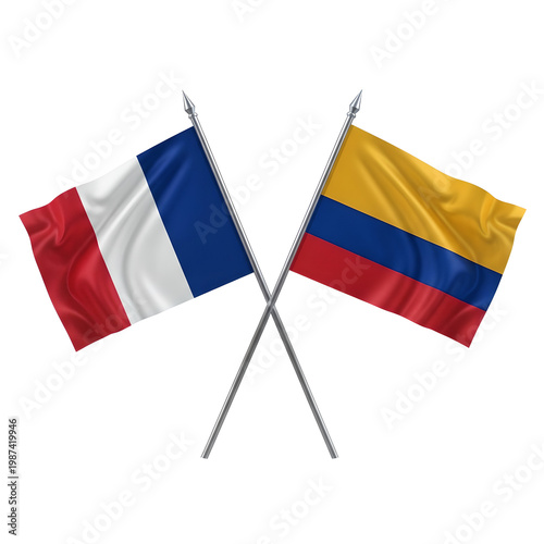 Two national flags france and colombia crossed on poles in studio lighting against a white