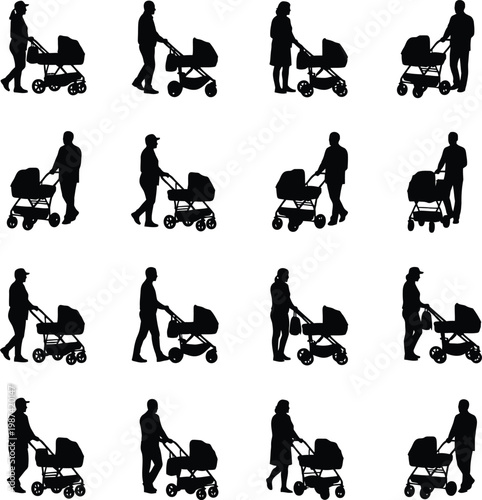 Silhouettes of Parents Walking with Baby Strollers and Prams in Diverse Action Poses Set
