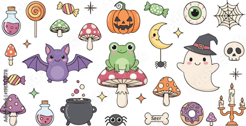 Kawaii Halloween vector stickers set, cute spooky doodle collection with pumpkin and ghost, pastel gothic aesthetic icons for scrapbooking