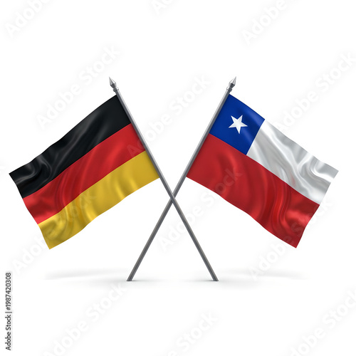Two national flags germany and chile crossed and waving on poles against a clean white background