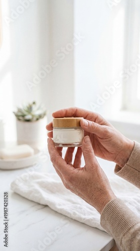 Person holding a small ceramic cup with a cozy atmosphere and bright sunlight in the background