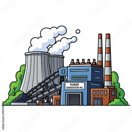 Cartoon illustration of an industrial power plant, showing energy generation with cooling towers and smoke