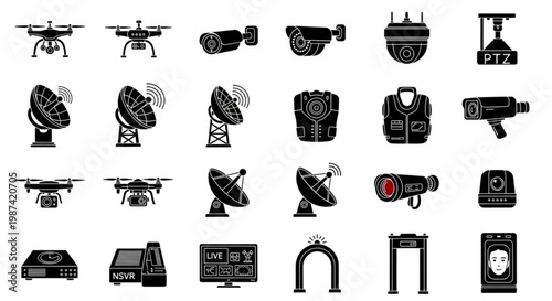 A collection of black and white vector icons depicting various surveillance and security devices