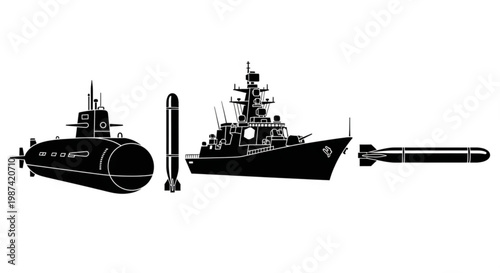 A black and white vector graphic illustration of a submarine, warship, and missiles on a plain background