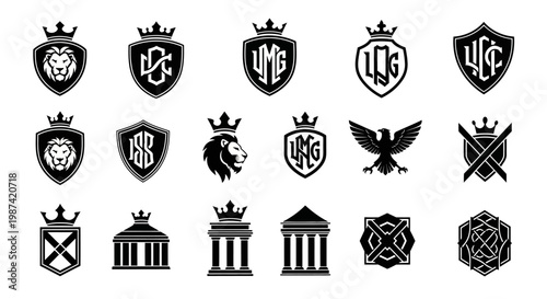 Collection of 16 black and white heraldic emblems and crests with crowns shields and symbolic motifs on white background