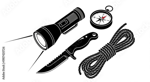 A vector graphic illustration of outdoor survival tools including a flashlight, knife, rope, and compass.