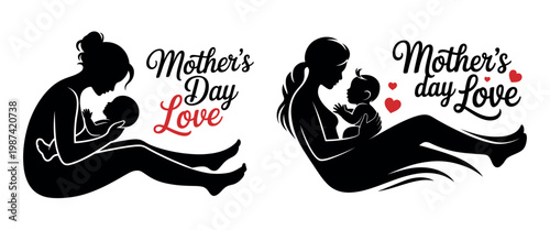 Mother's Day Love vector silhouettes, mother holding newborn baby illustrations, black and white maternal figures with red hearts for greeting cards