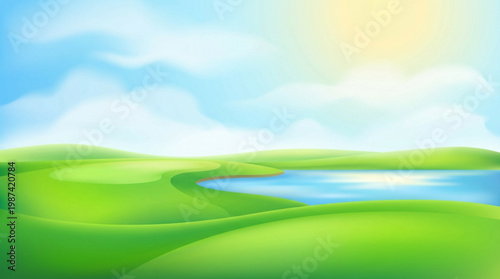 Green hills landscape with blue water.
