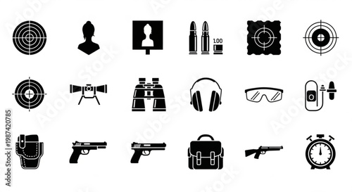 A collection of black and white vector icons depicting various shooting and hunting related objects