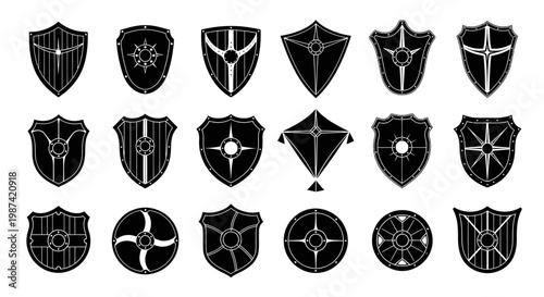 Collection of 20 unique black heraldic shields and crests with various designs on white background for logo emblem or icon use in graphic design projects