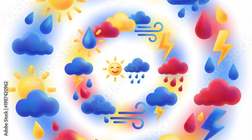 Weather icons in a circular pattern.