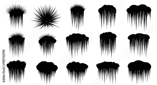 Collection of black ink splatter and drip graphics on white background for design and artistic use