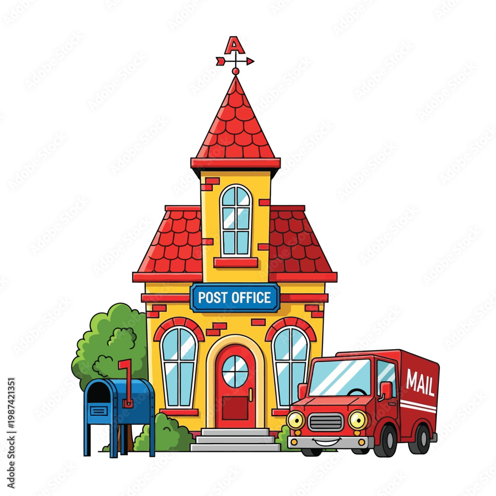 Naklejka premium Colorful cartoon post office building with a mail truck and mailbox, symbolizing community connection and efficient delivery services