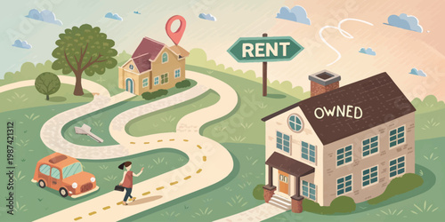 A vector illustration of a person navigating a winding road to choose between renting and owning a home
