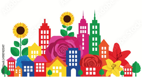 Colorful urban landscape with floral elements and buildings silhouette