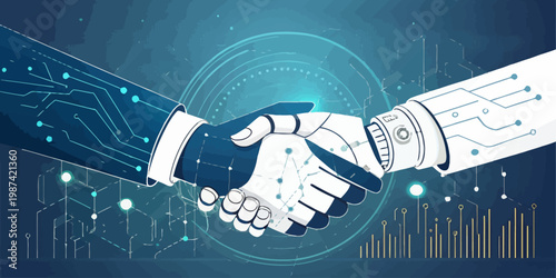 A robotic hand and a human hand shaking in a futuristic circuit board design