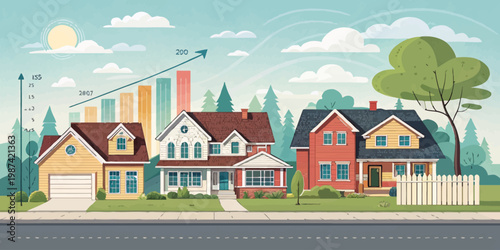 A colorful vector graphic illustration of a suburban neighborhood with houses and a rising graph in the background